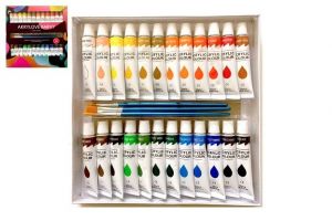 Akrylové barvy 24x12ml se štětcemi 3ks i na keramiku,sklo,kameny v krabičce 22x22x2cm