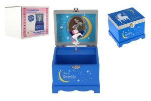 Skříňka šperkovnice jednorožec hrající na natažení dřevo odklápěcí vrch modrá 12,5x10,5cm