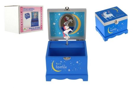 Skříňka šperkovnice jednorožec hrající na natažení dřevo odklápěcí vrch modrá 12,5x10,5cm