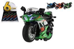 Motorka závodní kov/plast na zpětné natažení 12cm na baterie se světlem, zvukem 3 barvy