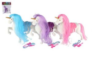 Jednorožec/kůň česací plast se sedlem s doplňky 3 barvy v sáčku 21x25x6cm