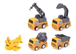 Stavební stroj mini 4ks+letadlo plast 5-7cm na zpětné natažení v blistru 23x22cm