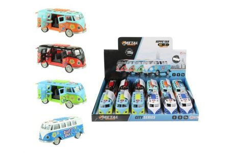 Autobus retro kov/plast 12cm na baterie se zvukem se světlem na zpětné natažení 4 barvy