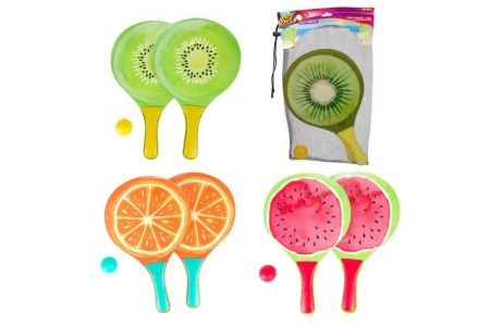 Sada na plážový tenis ovoce dřevěné 38cm 2 pálky + 1 míček 3 druhy v látkovém sáčku