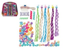 Sada korálků a copánků na vlasy plast mix druhů na kartě 30x26x3cm