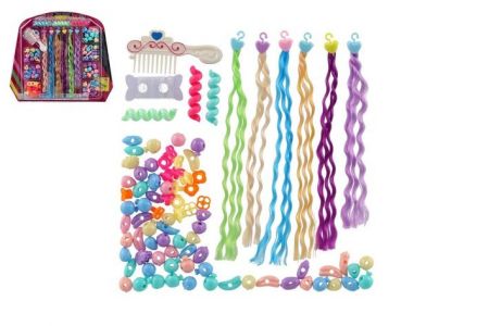 Sada korálků a copánků na vlasy plast mix druhů na kartě 30x26x3cm