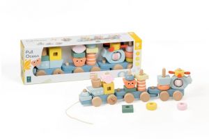 Vlak + 2 vagóny oceán dřevo tahací stavebnice 28 dílků v krabici 38x12x8cm 12m+