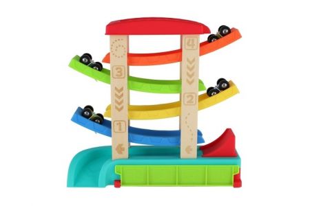 Dráha závodní kaskádová pro auta +auta 4ks dřevo/plast 33x32x10cm 18m+