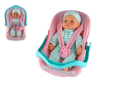 Panenka miminko plast/látka 30cm měkké tělo v nosítku/autosedačce s dudlíkem 2 barvy v bli