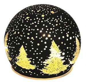 Svítící skleněná koule s motivem lesa – černá, o 10 cm, teplá bílá, 10 LED, časovač