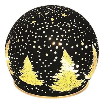 Svítící skleněná koule s motivem lesa – černá, o 10 cm, teplá bílá, 10 LED, časovač