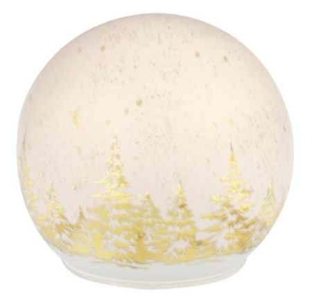 Svítící skleněná koule s motivem krajiny – bílá, o 12 cm, teplá bílá, 10 LED, časovač