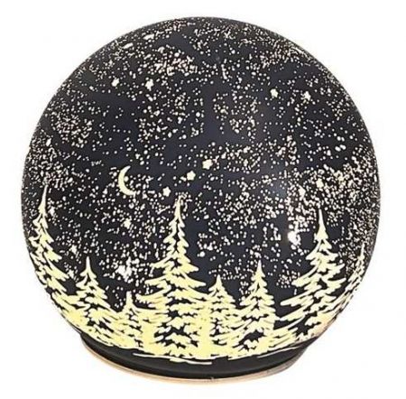 Svítící skleněná koule s motivem krajiny – tmavě šedá, o 12 cm, teplá bílá, 10 LED, časova