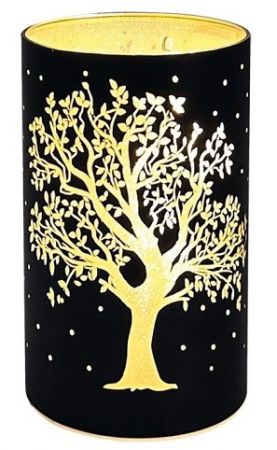 Svítící skleněný válec s motivem stromu – černý, 15 x 9 cm, teplá bílá, 10 LED, časovač