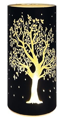 Svítící skleněný válec s motivem stromu – černý, 20 x 9 cm, teplá bílá, 10 LED, časovač