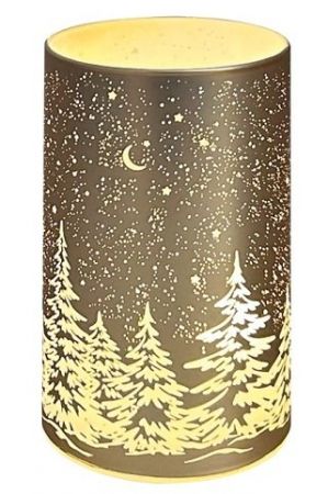 Svítící skleněný válec s motivem krajiny – zlatý, 12,8 x 7,5 cm, teplá bílá, 10 LED, časov