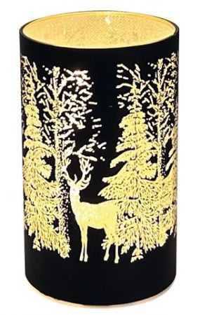 Svítící skleněný válec s motivem lesa – černý, 12,8 x 7,5 cm, teplá bílá, 10 LED, časovač