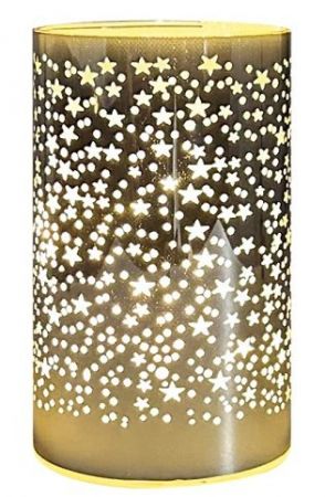 Svítící skleněný válec s hvězdičkami – zlatý, 15 x 9 cm, teplá bílá, 10 LED, časovač