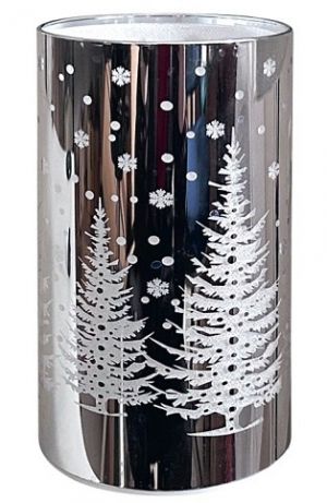 Svítící skleněný válec se stromem – stříbrný, 15 x 9 cm, teplá bílá, 10 LED, časovač
