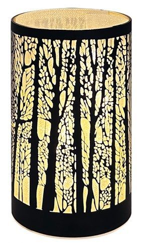 Svítící skleněný válec se stromy – černý, 15 x 9 cm, teplá bílá, 10 LED, časovač