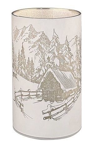 Svítící skleněný válec s horami – šedý, 12,8 x 7,5 cm, studená bílá, 10 LED, časovač