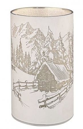 Svítící skleněný válec s horami – šedý, 12,8 x 7,5 cm, studená bílá, 10 LED, časovač