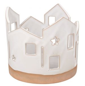Svícen domky s hnědým spodním okrajem z keramiky 10,5 x 10 x 10,5 cm
