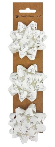 Rozeta dárková samolepicí 7 x 3,5 x 7 cm, bílá se stříbrnými vločkami, 3 ks