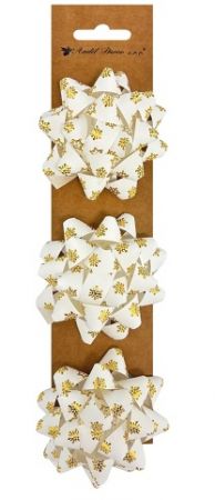 Rozeta dárková samolepicí 7 x 3,5 x 7 cm, bílá se zlatými vločkami, 3 ks
