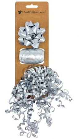 Sada na balení dárků stříbrná, rozeta 7 x 3,5 x 7 cm, stuha 0,5 cm x 10 m, kudrlina s lepí