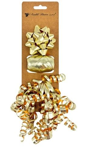 Sada na balení dárků zlatá, rozeta 7 x 3,5 x 7 cm, stuha 0,5 cm x 10 m, kudrlina s lepíkem