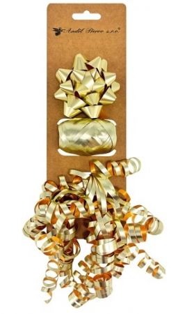 Sada na balení dárků zlatá, rozeta 7 x 3,5 x 7 cm, stuha 0,5 cm x 10 m, kudrlina s lepíkem