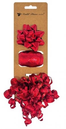 Sada na balení dárků červená, rozeta 7 x 3,5 x 7 cm, stuha 0,5 cm x 10 m, kudrlina s lepík