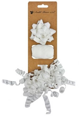 Sada na balení dárků bílá, rozeta 7 x 3,5 x 7 cm, stuha 0,5 cm x 10 m, kudrlina s lepíkem