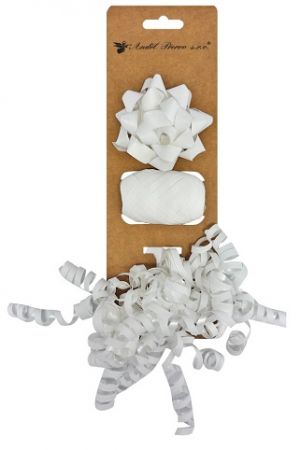 Sada na balení dárků bílá, rozeta 7 x 3,5 x 7 cm, stuha 0,5 cm x 10 m, kudrlina s lepíkem