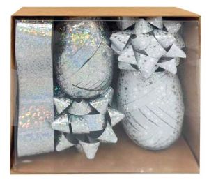 Sada na balení dárků stříbrná, rozeta 5 x 2 x 5 cm 4 ks, stuha 0,5 cm x 10 m 2 ks, stuha 2