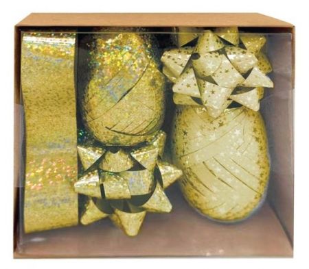 Sada na balení dárků zlatá, rozeta 5 x 2 x 5 cm 4 ks, stuha 0,5 cm x 10 m 2 ks, stuha 2 cm