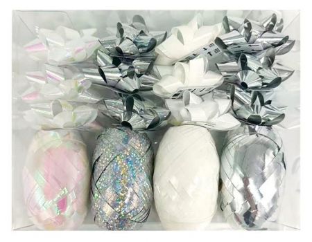 Sada na balení dárků stříbrná, rozeta 5 x 2 x 5 cm 12 ks, stuha 0,5 cm x 10 m 4 ks