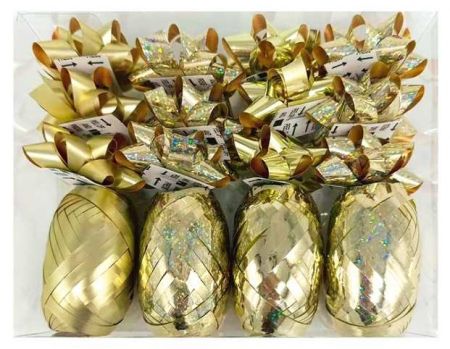 Sada na balení dárků zlatá, rozeta 5 x 2 x 5 cm 12 ks, stuha 0,5 cm x 10 m 4 ks