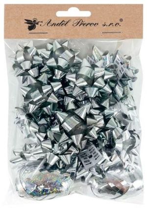 Sada na balení dárků stříbrná, rozeta 5 x 2 x 5 cm 20 ks, stuha 0,5 cm x 10 m 2 ks  