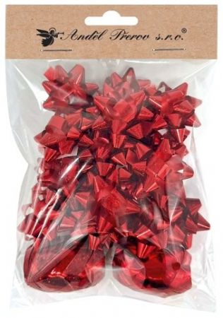 Sada na balení dárků červená, rozeta 5 x 2 x 5 cm 20 ks, stuha 0,5 cm x 10 m 2 ks