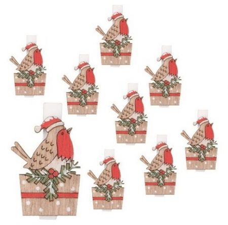 Ptáčci dřevění na kolíčku 2,5 x 3,5 x 0,3 cm, 9 ks v sáčku, červení