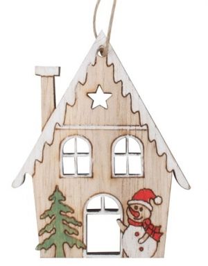 Domek se sněhulákem dřevěný na zavěšení 4,5 x 6 x 0,5 cm, 2 ks v sáčku