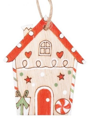 Domek s červenou střechou dřevěný na zavěšení 5 x 6 x 0,5 cm, 2 ks v sáčku