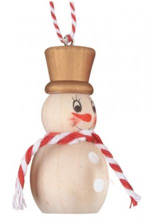 Sněhulák se zlatým cylindrem dřevěný na zavěšení 3,5 x 6,5 x 3,5 cm