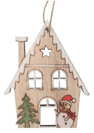 Domek se sněhulákem dřevěný na zavěšení 9,5 x 12 x 0,5 cm