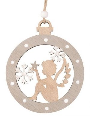 Dřevěná baňka s andělem dřevěný na zavěšení 10 x 12 x 0,5 cm