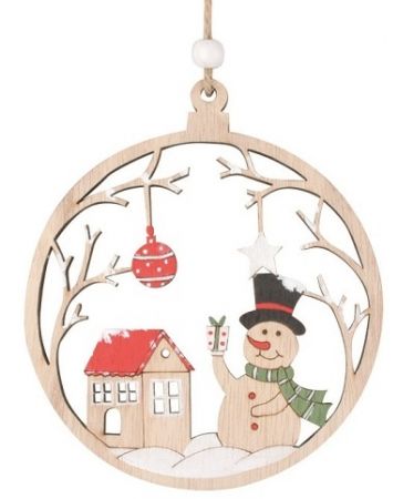 Dřevěný kruh se sněhulákem na zavěšení 11 x 12,5 x 0,5 cm, červený