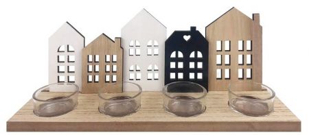 Dřevěný svícen na 4 svíčky s domky černá, bílá, přírodní 12 x 20 x 9,5 cm  