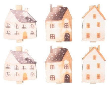 Mix dřevěných domků na kolíčku cca 4 x 3 x 0,3 cm, 6 ks v sáčku